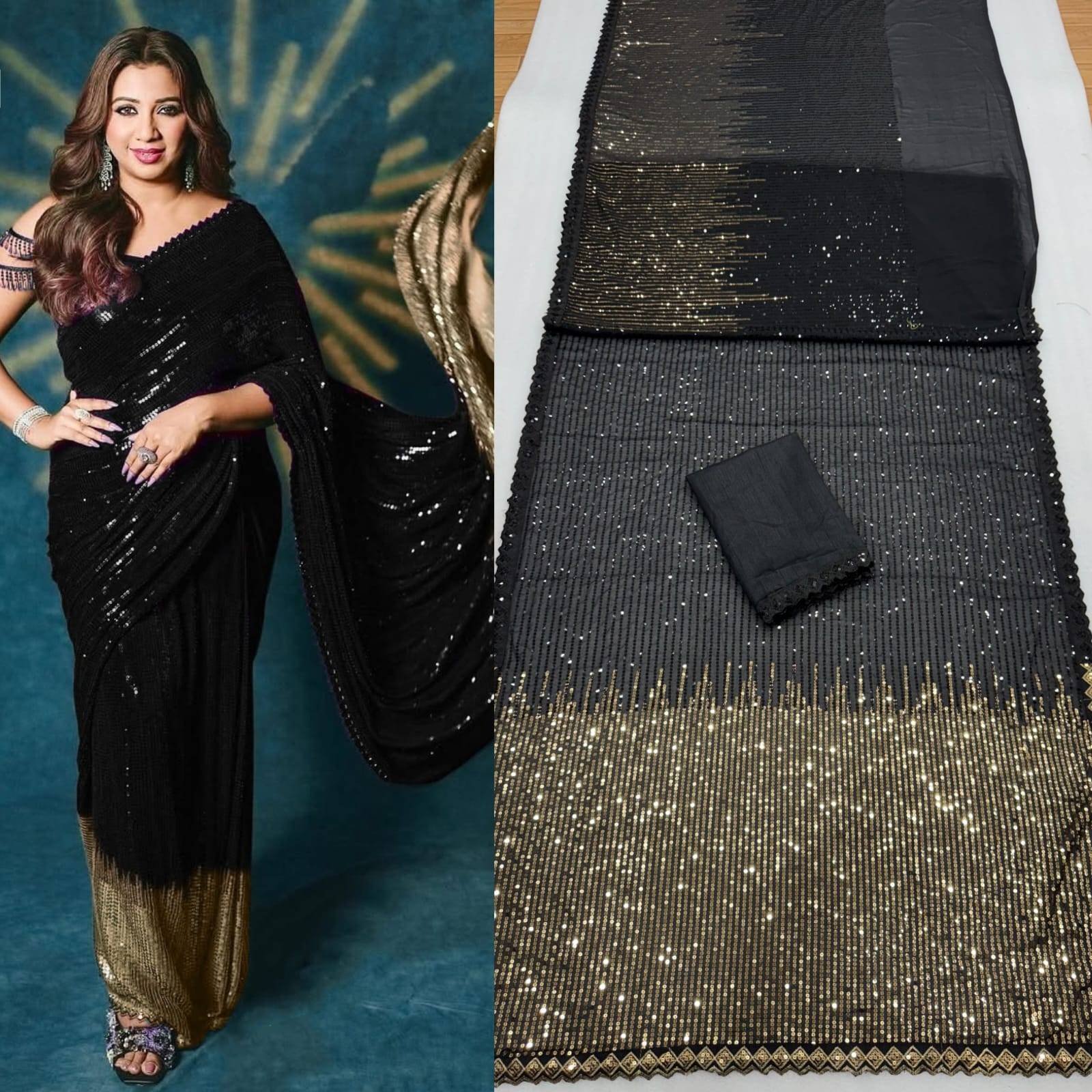 Black Bollywood Blockbuster Georgette Saree with Dual Sequin Embroidery